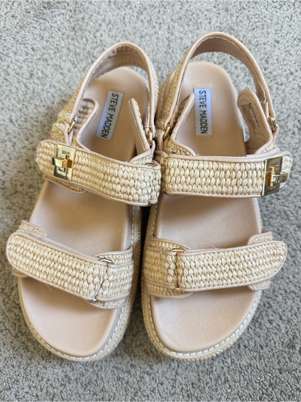 Steve Madden Beige Woven Strap Sandals with Gold Buckles